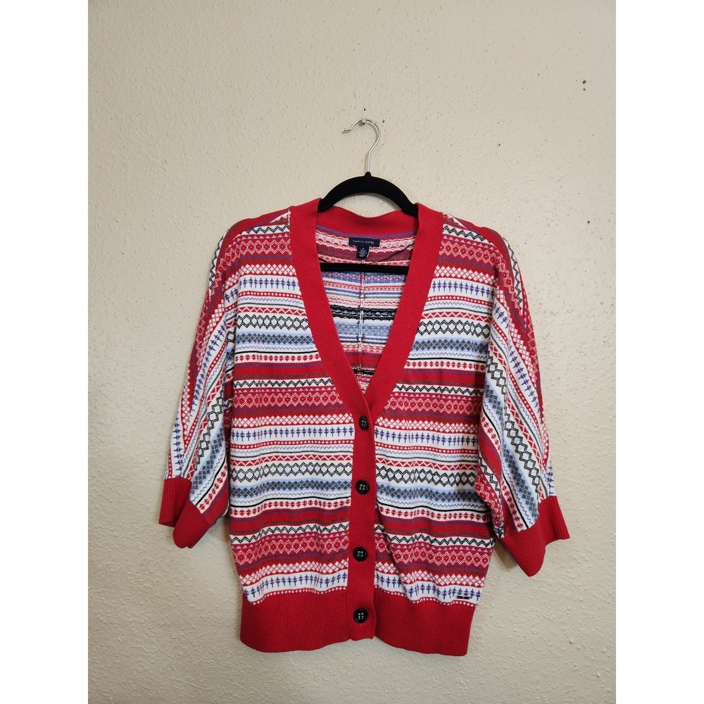 Tommy Hilfiger Womens Medium Red Fair Isle Cardigan Button Front Angora Blend